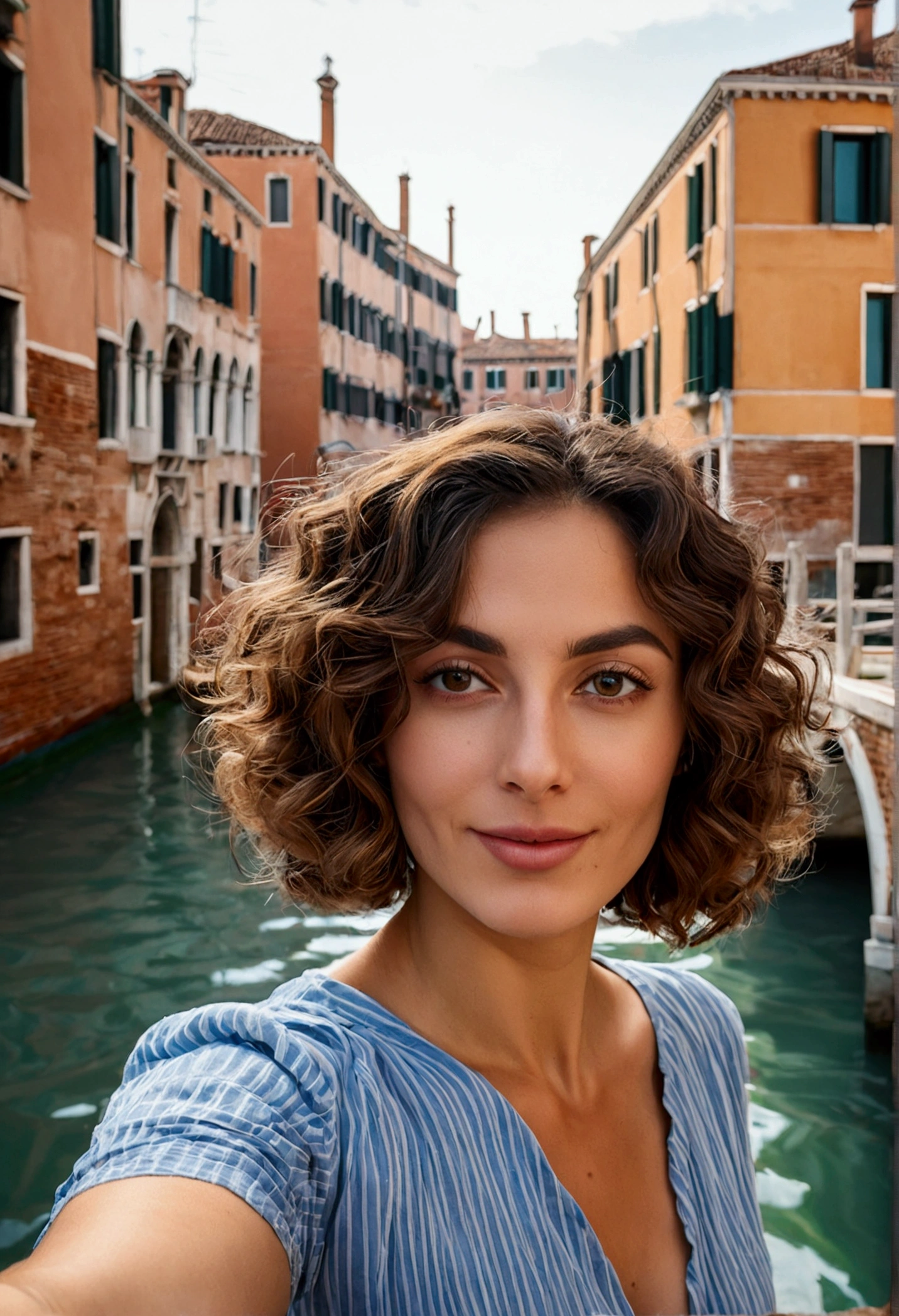 photo d'a beautiful Italian woman in Venice, short wavy river hair taking a selfie