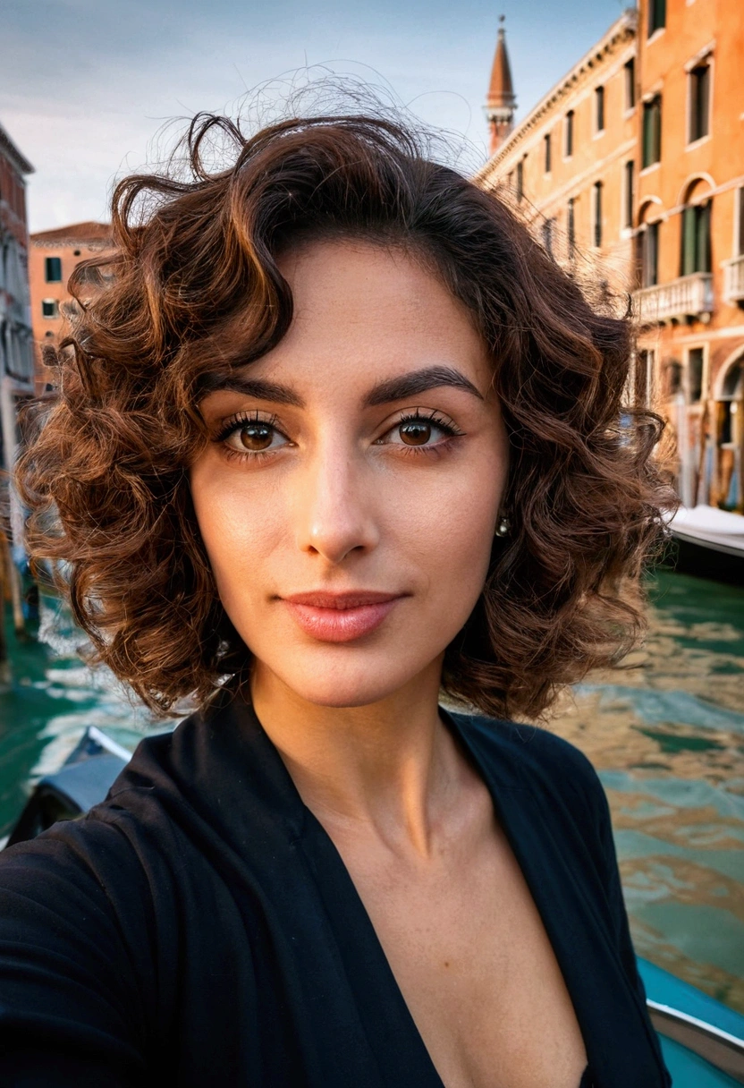 photo d&#39;a beautiful Italian woman in Venice, short wavy river hair taking a selfie