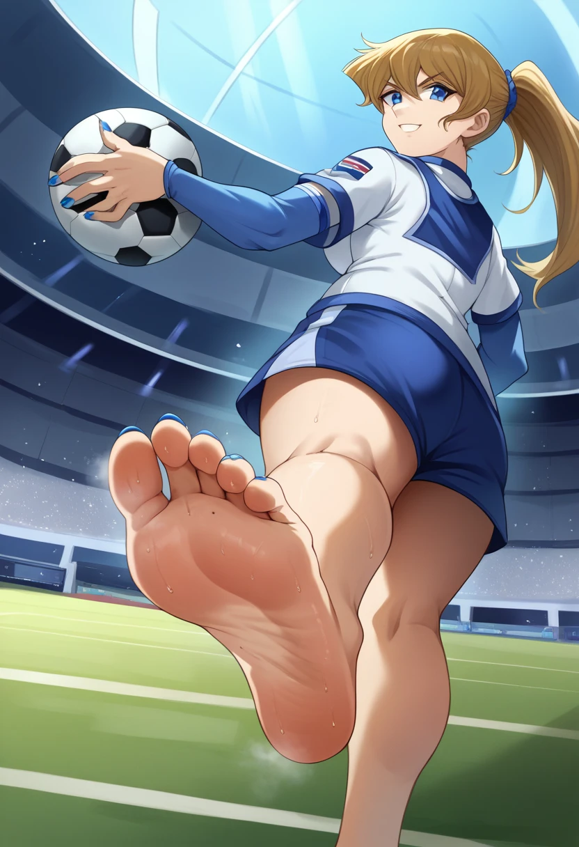 score_9, score_8_up, score_7_up, score_6_up, score_5_up, score_4_up, BREAK source_anime, 1girl, blonde hair, football pitch in space, futuristic stadium, futuristic scene, in space, space stadium, in the sky there are planets and spaceships, blue and white soccer jersey, blue aura surrounding her, blue rays around her, blue steam around her, futuristic scene, kicking the ball, kicking socker ball, action scene, mid air, showing her feet, soles, feet focus, Looking at Viewer, sole, Barefoot soles、poneyTail、Smelly、5 toes、Sole Focus、Open your toes、Bare legged、bare-legged, Close-up of the soles of the feet，scrunched sole, Exposing the soles of the feet, 2 inch long toenails, toenails like squareshaped claws, talons, blue talons, focus on extra long blue toenails, blue and white nail polish, frech pedicure, blue and white toenails, blue and white frenchnails, extra long blue square toenails, sweaty soles, smelly, smirks, nsfw, mature