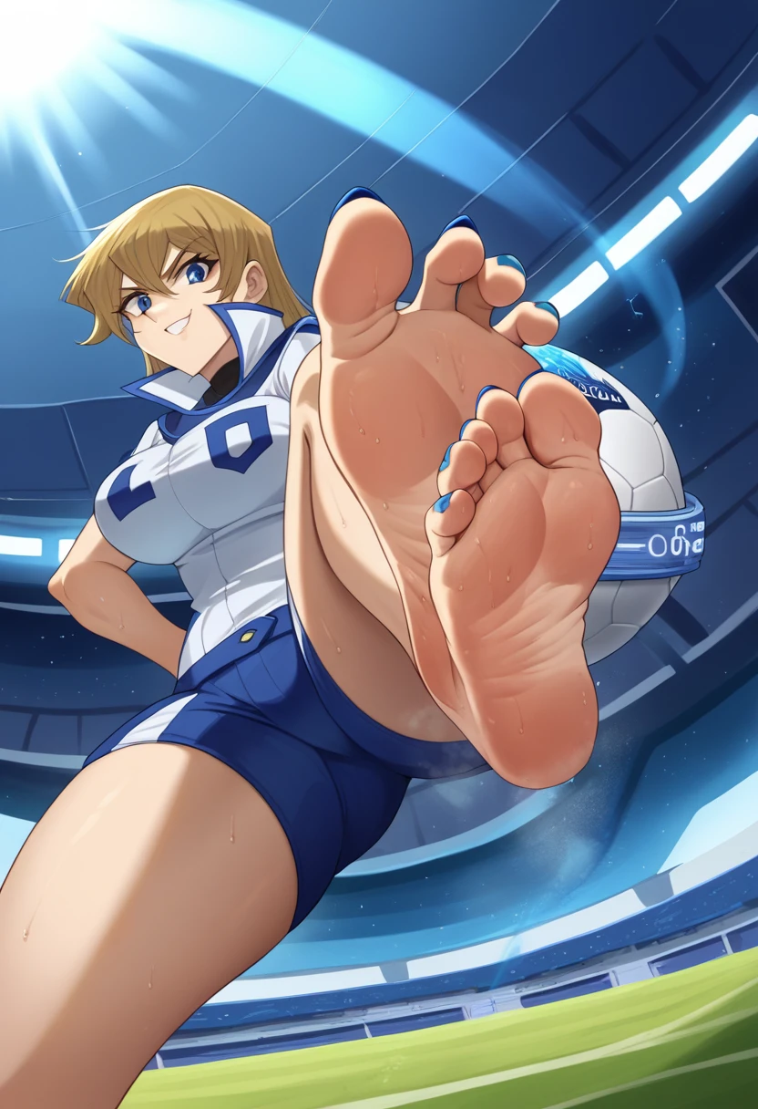 score_9, score_8_up, score_7_up, score_6_up, score_5_up, score_4_up, BREAK source_anime, 1girl, blonde hair, football pitch in space, futuristic stadium, futuristic scene, in space, space stadium, in the sky there are planets and spaceships, blue and white soccer jersey, blue aura surrounding her, blue rays around her, blue steam around her, futuristic scene, kicking the ball, kicking socker ball, action scene, mid air, showing her feet, soles, feet focus, Looking at Viewer, sole, Barefoot soles、poneyTail、Smelly、5 toes、Sole Focus、Open your toes、Bare legged、bare-legged, Close-up of the soles of the feet，scrunched sole, Exposing the soles of the feet, 2 inch long toenails, toenails like squareshaped claws, talons, blue talons, focus on extra long blue toenails, blue and white nail polish, frech pedicure, blue and white toenails, blue and white frenchnails, extra long blue square toenails, sweaty soles, smelly, smirks, nsfw, mature