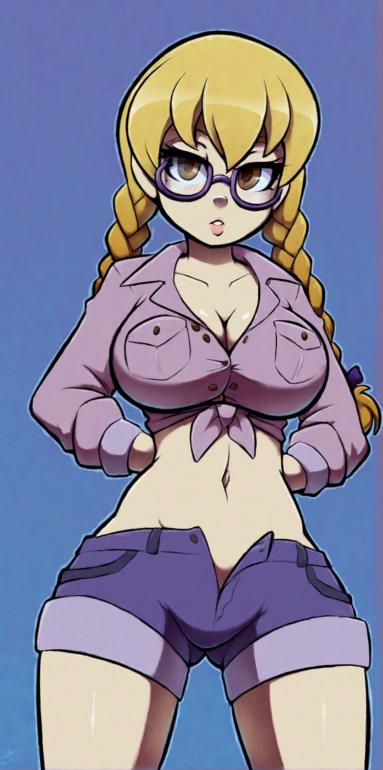 A beautiful sexy girl with a big breast, long round blonde hair, braids, her brown eye, big purple glasses, wearing a blouse, a light purple pocket with a button, tied knot, showing a navel and a blue shorts, a pocket with a black heel. 