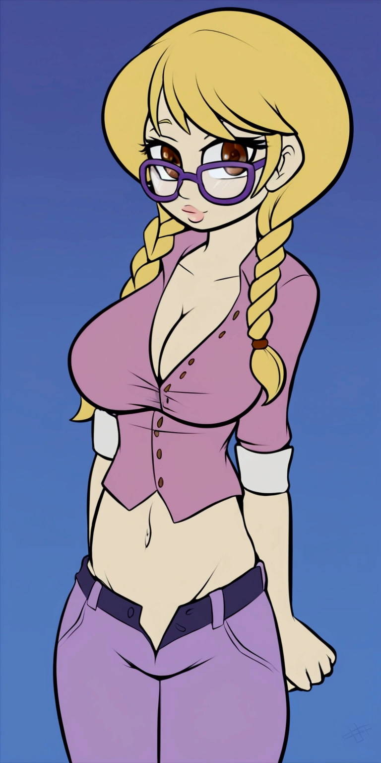 A beautiful sexy girl with a big breast, long round blonde hair, braids, her brown eye, big purple glasses, wearing a blouse, a light purple pocket with a button, tied knot, showing a navel and a blue shorts, a pocket with a black heel. 