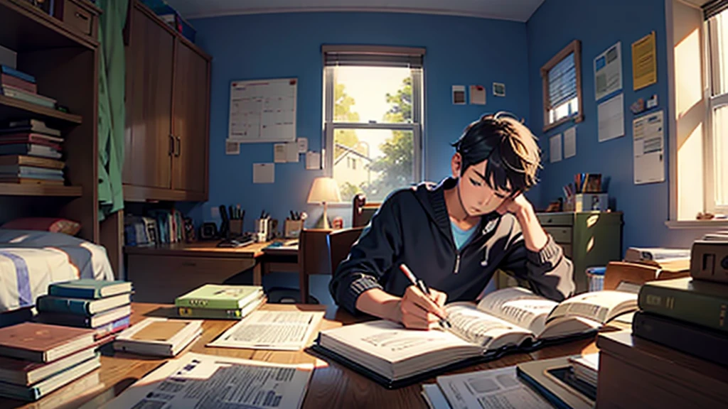 boy studying English in his room and having several insights