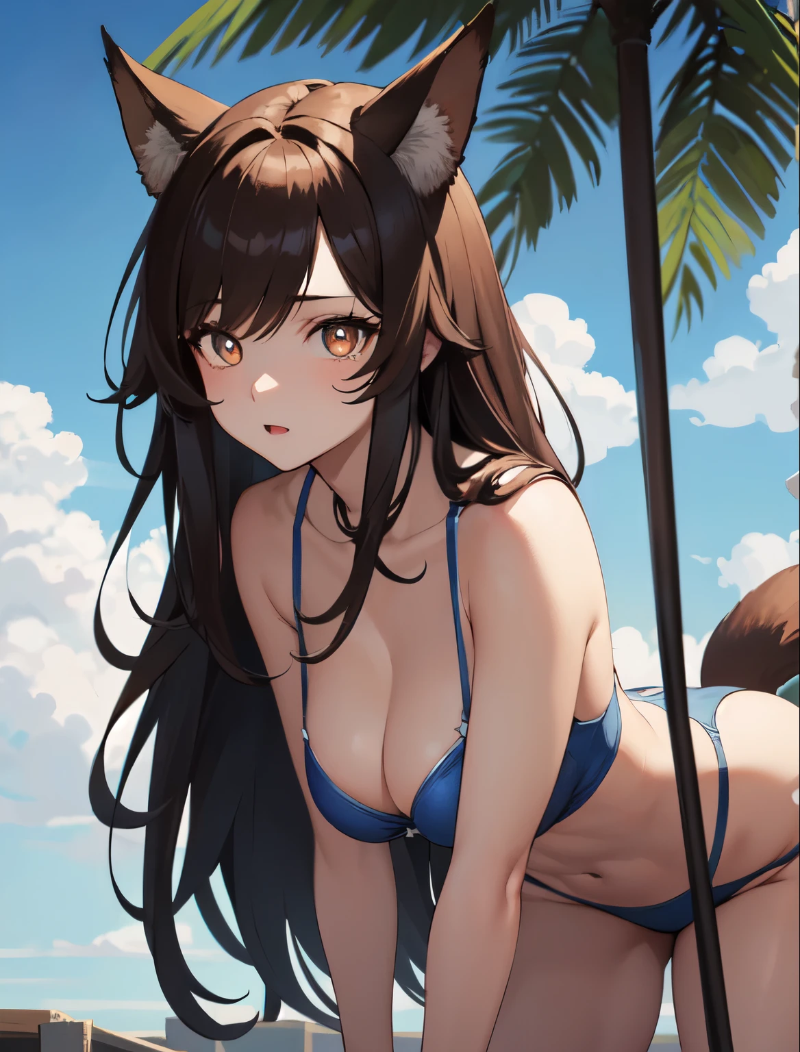 (day),Outdoors,a tree with a sky background ,a blue sky with clouds, 1girl, 20yo,Young female, 4k, high resolution, best quality, masterpiece, perfect colors, perfect shadows, beautiful and detailed portrait of a (((feminine))), perfect lighting, Female, Beautiful brown eyes, fit body, detailed face, (detailed eyes), perfect pupils, Tall, brown long hair, Brown long messy hair, Wide hips, big legs, (B cup breasts),20 year old, Well build, abs, day clothes, Fox ears, Huge fox tail, Small breasts