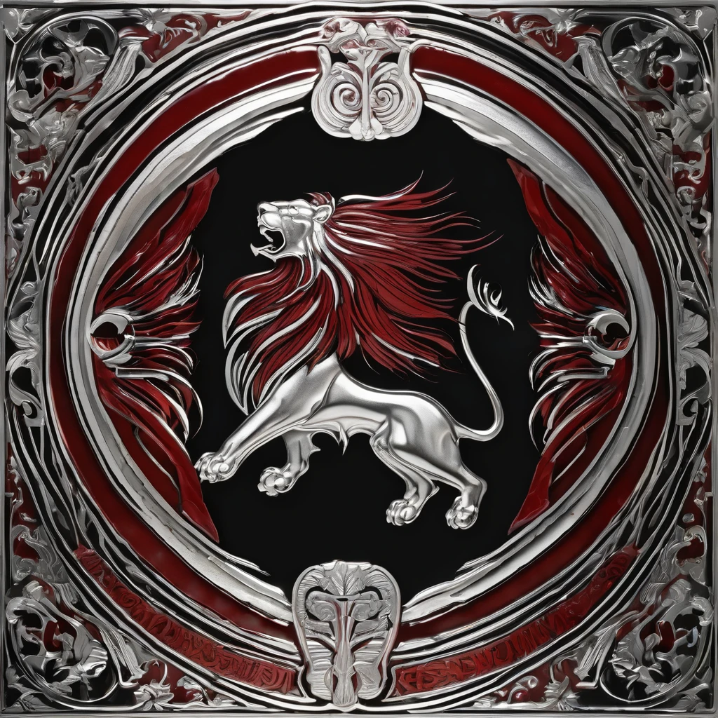 Emblem in profile of a ferocious lion, deep red and silver, silver, concave and convex on front, oval plate, pattern on black background.