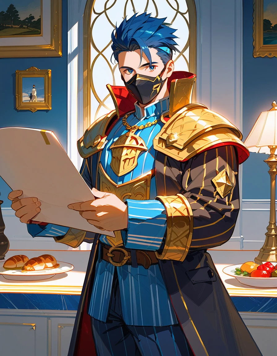 A man with short golden hair slicked back, his face entirely obscured by a Dynastinae concept mask, full mask, cold gaze, clad in an indigo blue fantasy-style Dynastinae concept chest plate, his arms and legs are clad in matching armor, he wears a white undershirt and trousers with golden stripes, standing within a magnificent fantasy-style palace, this character embodies a finely crafted fantasy-style masked light armor warrior in anime style, exquisite and mature manga art style, high definition, best quality, highres, ultra-detailed, ultra-fine painting, extremely delicate, professional, perfect body proportions, golden ratio, anatomically correct, symmetrical face, extremely detailed eyes and face, high quality eyes, creativity, RAW photo, UHD, 32k, Natural light, cinematic lighting, masterpiece-anatomy-perfect, masterpiece:1.5