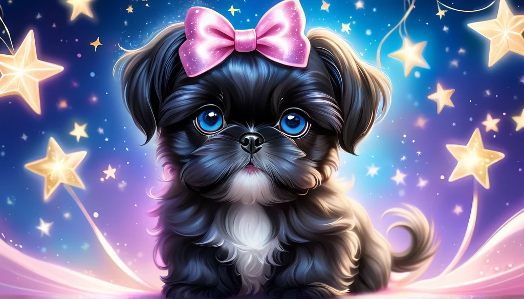 (highres:1.2),magical black shih tzu puppy,illustration,fluffy fur,sparkling blue eyes,curled tail,floating in the air,cute pink bow (best quality,highres),shining stars,glowing wand,colorful sparkles,enchanting background,dream-like atmosphere,luminous moonlight,vibrant colors,mystical fantasy,whimsical style,fanciful scenes,soft pastel tones (HDR),ethereal lighting,mesmerizing glow