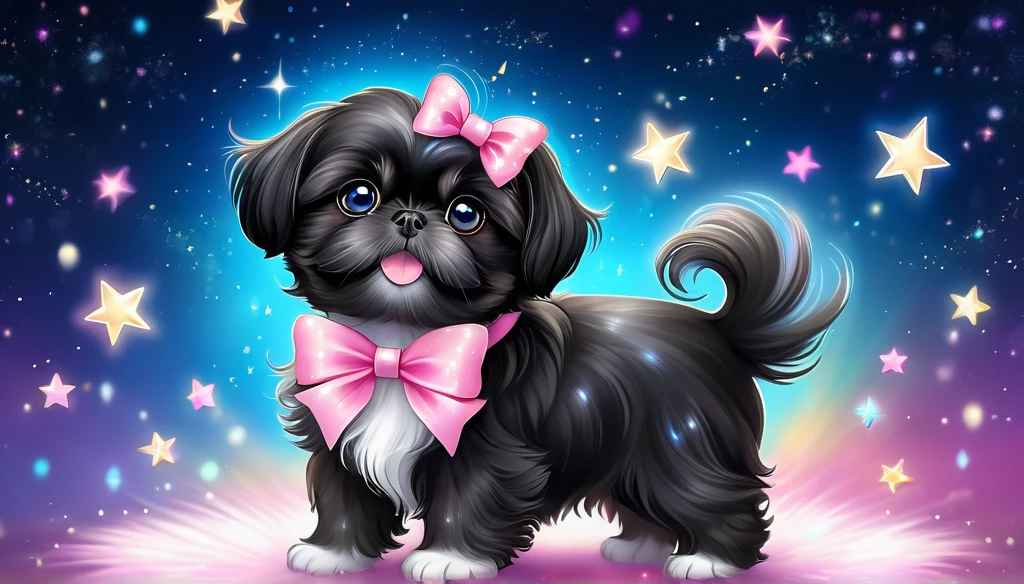 (highres:1.2),magical black shih tzu puppy,illustration,fluffy fur,sparkling blue eyes,curled tail,floating in the air,cute pink bow (best quality,highres),shining stars,glowing wand,colorful sparkles,enchanting background,dream-like atmosphere,luminous moonlight,vibrant colors,mystical fantasy,whimsical style,fanciful scenes,soft pastel tones (HDR),ethereal lighting,mesmerizing glow