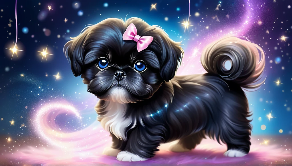 (highres:1.2),magical black shih tzu puppy,illustration,fluffy fur,sparkling blue eyes,curled tail,floating in the air,cute pink bow (best quality,highres),shining stars,glowing wand,colorful sparkles,enchanting background,dream-like atmosphere,luminous moonlight,vibrant colors,mystical fantasy,whimsical style,fanciful scenes,soft pastel tones (HDR),ethereal lighting,mesmerizing glow