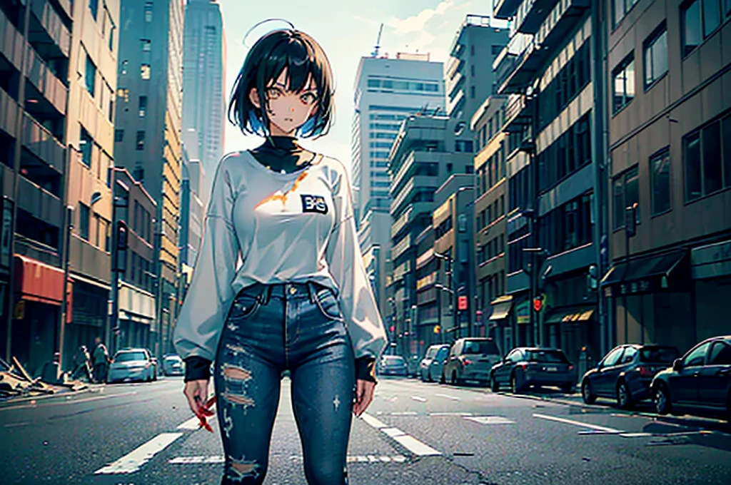 ((1 GIRL)) ((High Resolution)) ((Hyper realistic 10k,asian girl)), ((Japanese)) (( physically mature female)) (( average sized breasts)), 25-year-old, (( anime girl)), ((short dark-haired)), ((windswept hair)) ((ultra high quality))((flawless))((4k UHD)) ((Best Quality)) ((Daytime)) ((eyes glowing yellow )), wearing a ((black long sleeve shoulderless, blank T-shirt))((no logo)) wearing ((blue jeans)) and black and yellow sneakers with (((blood splattered))) on it and her face, standing in the street ((facing front and center toward the camera)) in a ((ruined city)) filled with ((heavily damaged)) and worn (( tall skyscrapers with gaping holes in their structures while on fire)) and ((crushed vehicles on fire)) ((city in ruins)) and small and ((raging fires all around)) and an ((intimidating)) look on her face.