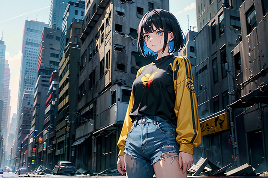 ((1 GIRL)) ((High Resolution)) ((Hyper realistic 10k,asian girl)), ((Japanese)) (( physically mature female)) (( average sized breasts)), 25-year-old, (( anime girl)), ((short dark-haired)), ((windswept hair)) ((ultra high quality))((flawless))((4k UHD)) ((Best Quality)) ((Daytime)) ((eyes glowing yellow )), wearing a ((black long sleeve shoulderless, blank T-shirt))((no logo)) wearing ((blue jeans)) and black and yellow sneakers with (((blood splattered))) on it and her face, standing in the street ((facing front and center toward the camera)) in a ((ruined city)) filled with ((heavily damaged)) and worn (( tall skyscrapers with gaping holes in their structures while on fire)) and ((crushed vehicles on fire)) ((city in ruins)) and small and ((raging fires all around)) and an ((intimidating)) look on her face.