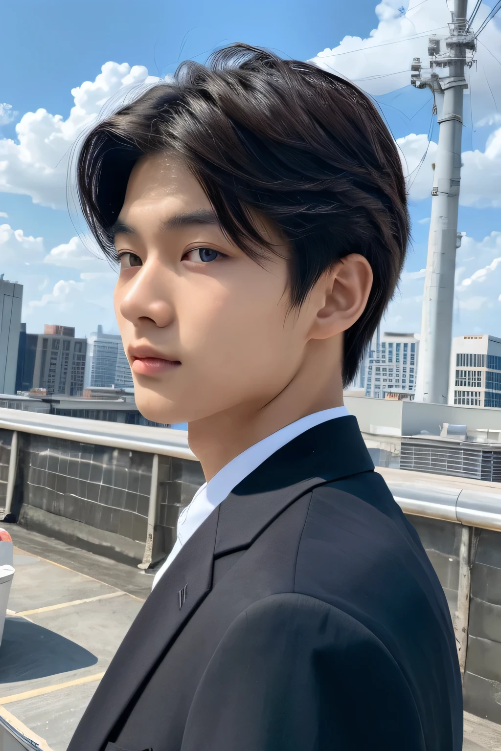 Highest quality, masterpiece, Ultra-high resolution, (Realistic: 1.4), Original photo, wallpaper, Head Photo, skin, Simple Background, Iris, detailed, Selfie, 1 boy, 18-year-old, good looking, Wind,suit、rooftop