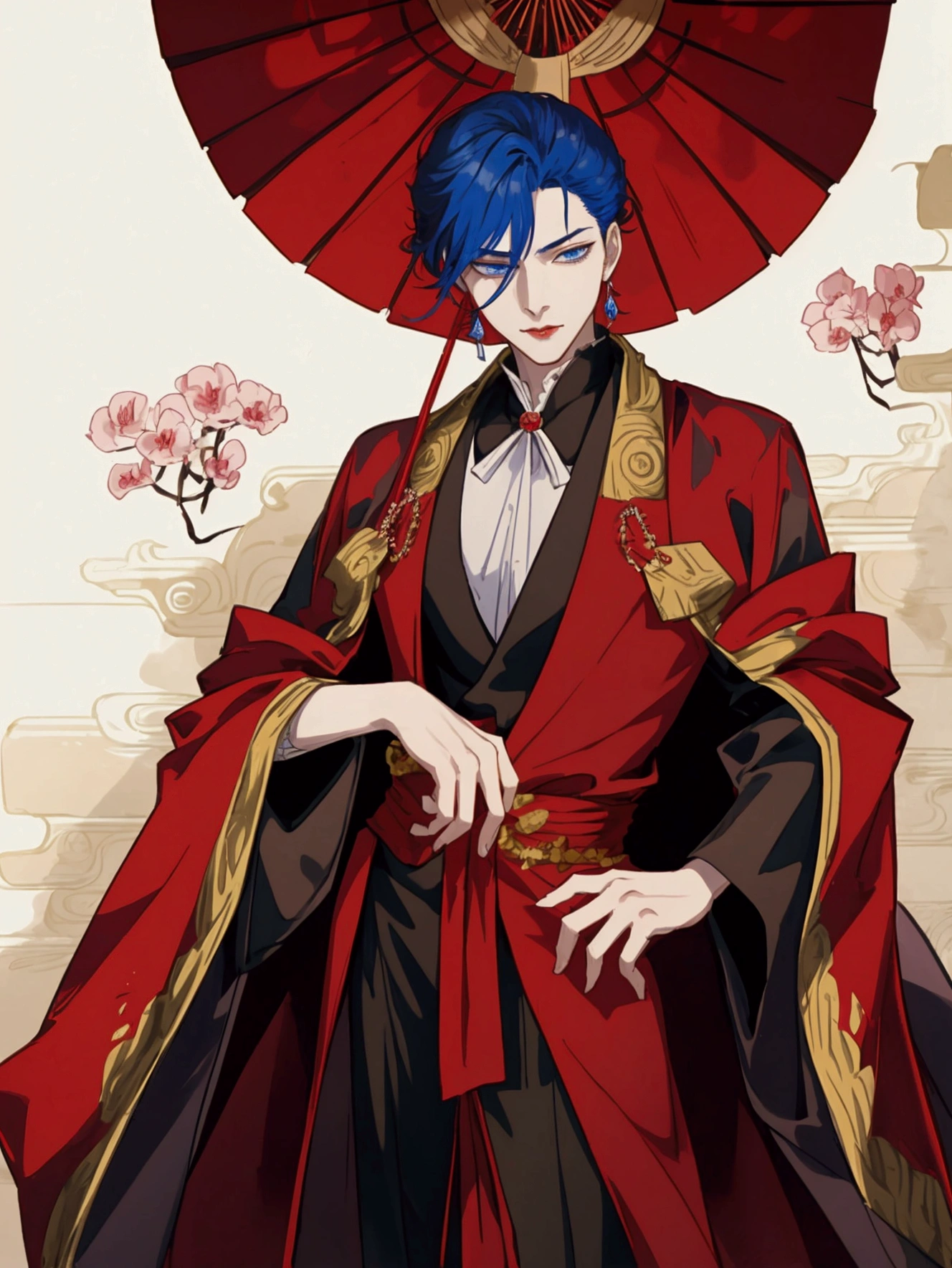 a close-up of a person in a suit and a red cape, delicate androgynous prince, Handsome androgynous prince, handsome guy in demon slayer art, ((wears an aristocratic robe)), handsome japanese demon boy, pretty anime pose, Big anime guy with blue eyes, Inspired by Bian Shoumin, Royal Clothing Akira, androgyner Vampir, male anime character