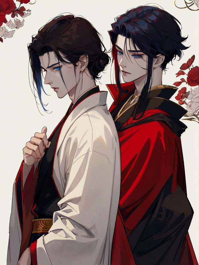 a close-up of a person in a suit and a red cape, delicate androgynous prince, Handsome androgynous prince, handsome guy in demon slayer art, ((wears an aristocratic robe)), handsome japanese demon boy, pretty anime pose, Big anime guy with blue eyes, Inspired by Bian Shoumin, Royal Clothing Akira, androgyner Vampir, male anime character