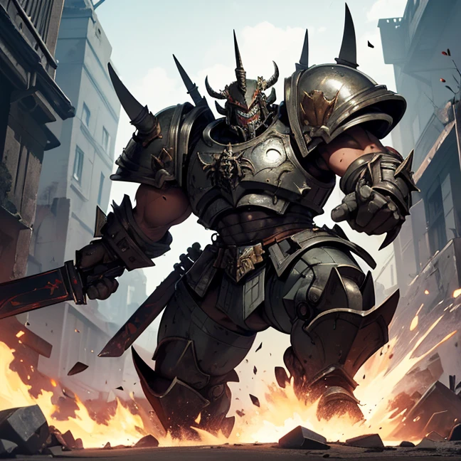 (Absurdres, master piece, best high quality image, very detailed features, very detailed textures, carefuly detailed with no deformed parts in all the artwork, not censored violence and bleeding, warhammer 40K aesthetic), only solo character, full body view.
{{A big hulking troll, he has big mouth full of light blue sharp teeth, he has no nose, orange skin, he has two light blue eyes, very long arms with six fingers, strong bulky feet, 2 bison green horns on his head and 10 green spikes on his hed, wears a bulky heavy grey armor, (big squared helmet with 3 crests, big grey shoulder pads, very armored arms, bulky heavy grey, boots), wields a big axe and a huge heavy pistol, he is laughing happy and enjoying a fight. Attacking a british airbase.}}