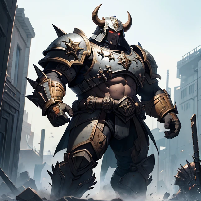 (Absurdres, master piece, best high quality image, very detailed features, very detailed textures, carefuly detailed with no deformed parts in all the artwork, not censored violence and bleeding, warhammer 40K aesthetic), only solo character, full body view.
{{A big hulking troll, he has big mouth full of light blue sharp teeth, he has no nose, orange skin, he has two light blue eyes, very long arms with six fingers, strong bulky feet, 2 bison green horns on his head and 10 green spikes on his hed, wears a bulky heavy grey armor, (big squared helmet with 3 crests, big grey shoulder pads, very armored arms, bulky heavy grey, boots), wields a big axe and a huge heavy pistol, he is laughing happy and enjoying a fight. Attacking a british airbase.}}