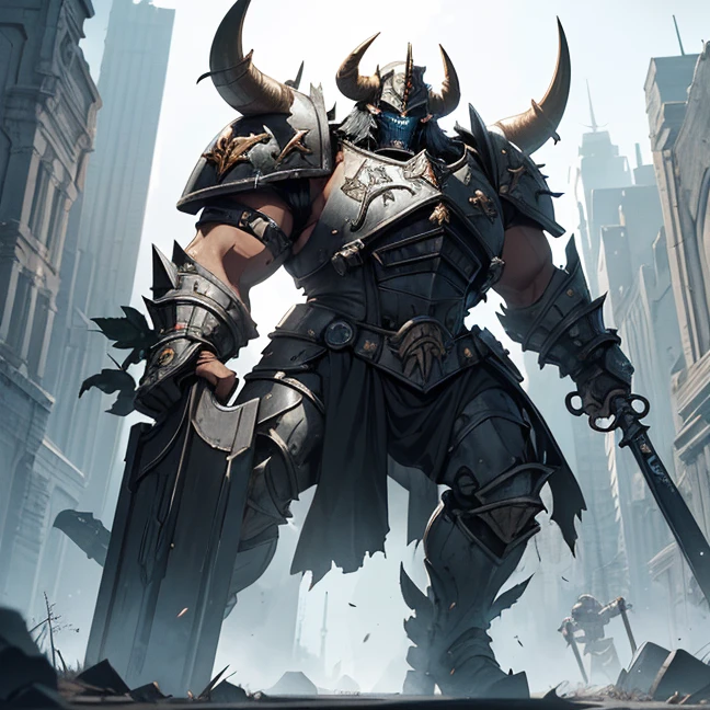 (Absurdres, master piece, best high quality image, very detailed features, very detailed textures, carefuly detailed with no deformed parts in all the artwork, not censored violence and bleeding, warhammer 40K aesthetic), only solo character, full body view.
{{A big hulking troll, he has big mouth full of light blue sharp teeth, he has no nose, orange skin, he has two light blue eyes, very long arms with six fingers, strong bulky feet, 2 bison green horns on his head and 10 green spikes on his hed, wears a bulky heavy grey armor, (big squared helmet with 3 crests, big grey shoulder pads, very armored arms, bulky heavy grey, boots), wields a big axe and a huge heavy pistol, he is laughing happy and enjoying a fight. Attacking a british airbase.}}