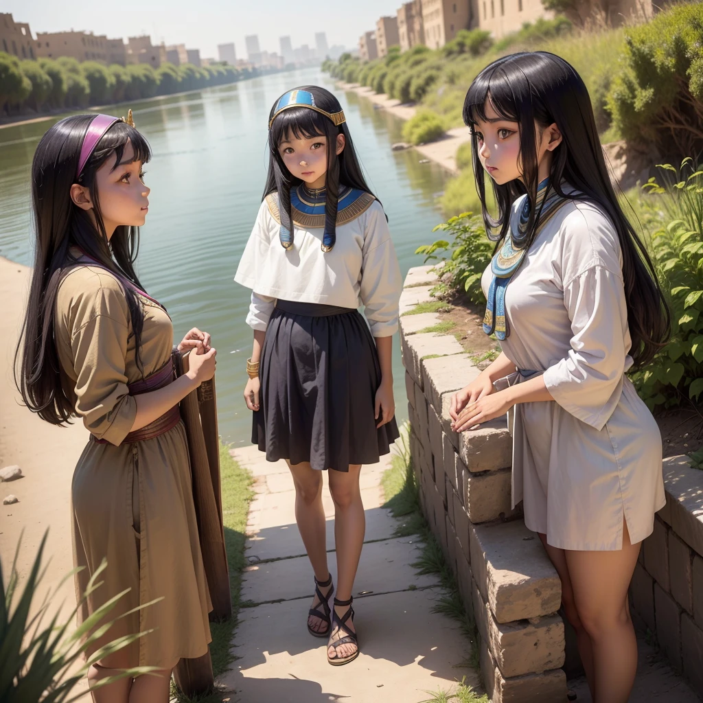 かわいいAncient Egyptの15歳の女の子、Ancient Egypt、On the banks of the Nile、A colorful view of the whole city、whole body、Low - Angle、Standing posture、Reeds are growing、Ancient Egyptの葦の船