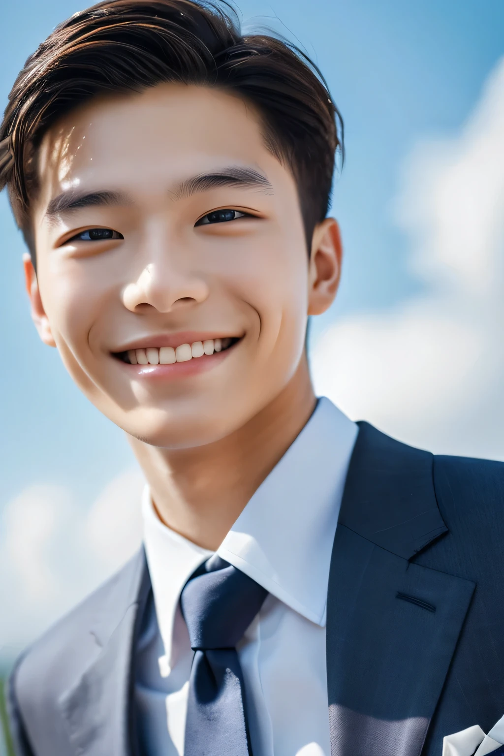 Highest quality, masterpiece, Ultra-high resolution, (Realistic: 1.4), Original photo, wallpaper, Head Photo, skin, Simple Background, Iris, detailed, Selfie, 1 boy, 18-year-old, good looking, Wind,suit、smile