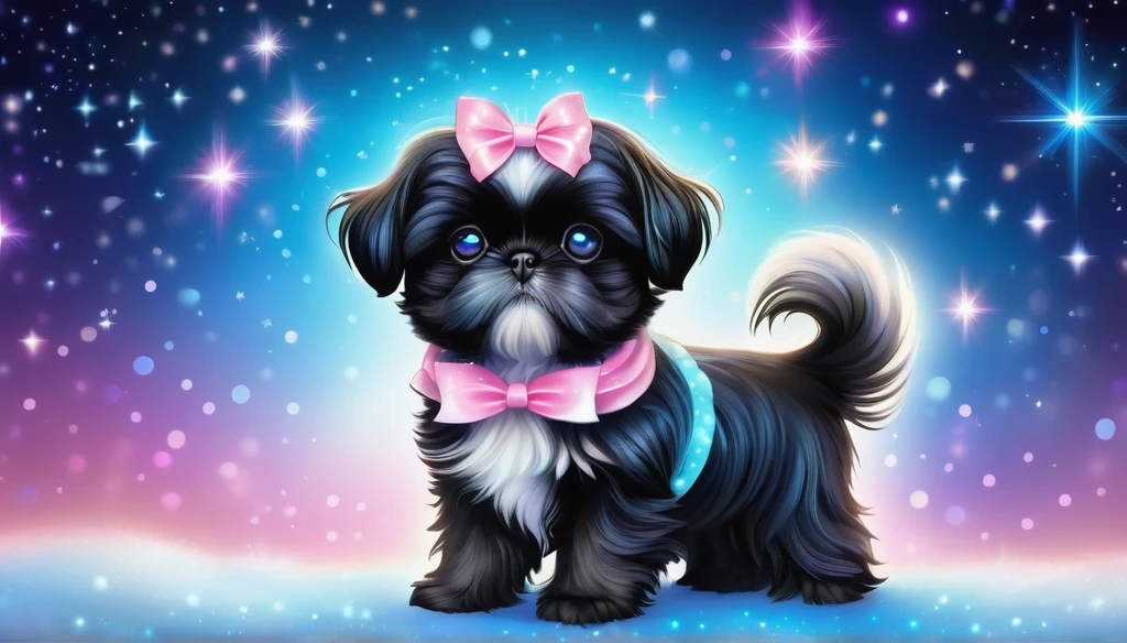 (highres:1.2),magical black and black shih tzu puppy,illustration,fluffy fur,sparkling blue eyes,curled tail,floating in the air,cute pink bow (best quality,highres),shining stars,glowing wand,colorful sparkles,enchanting background,dream-like atmosphere,luminous moonlight,vibrant colors,mystical fantasy,whimsical style,fanciful scenes,soft pastel tones (HDR),ethereal lighting,mesmerizing glow