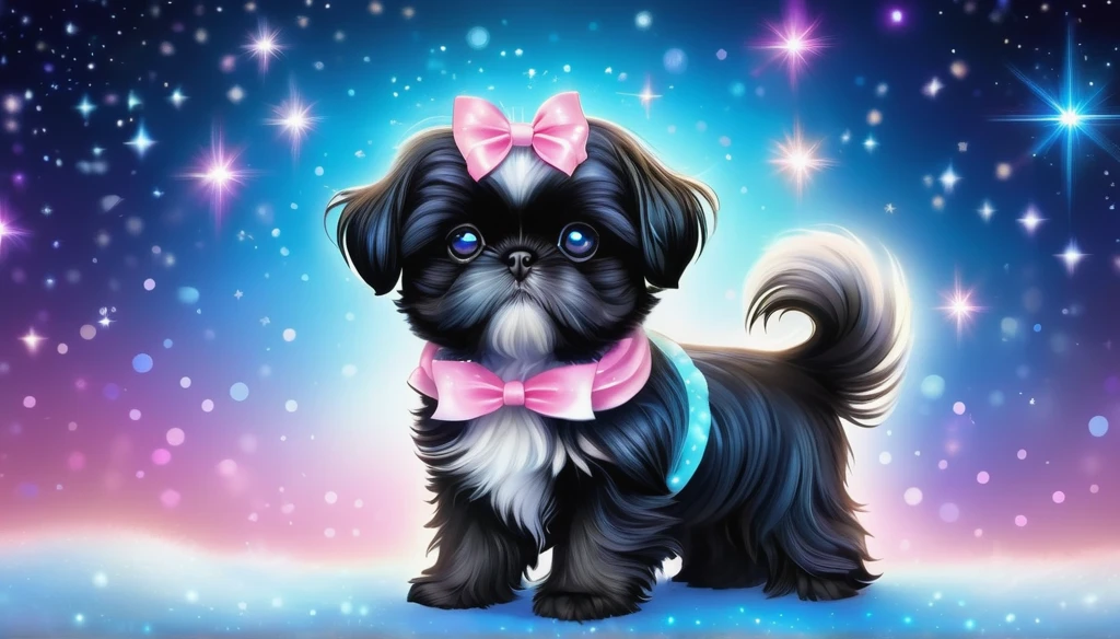 (highres:1.2),magical black and black shih tzu puppy,illustration,fluffy fur,sparkling blue eyes,curled tail,floating in the air,cute pink bow (best quality,highres),shining stars,glowing wand,colorful sparkles,enchanting background,dream-like atmosphere,luminous moonlight,vibrant colors,mystical fantasy,whimsical style,fanciful scenes,soft pastel tones (HDR),ethereal lighting,mesmerizing glow