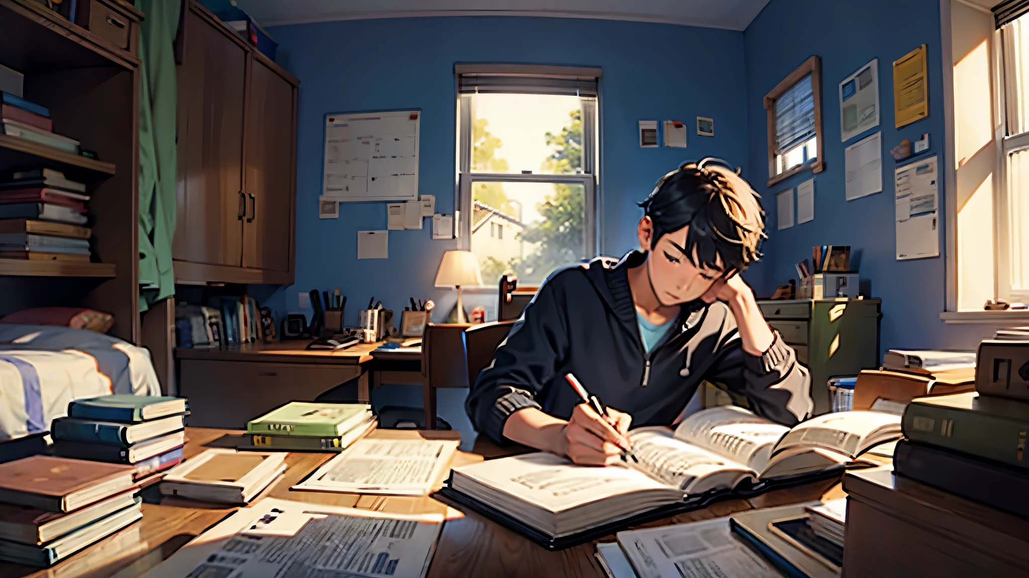 boy studying English in his room and having several insights
