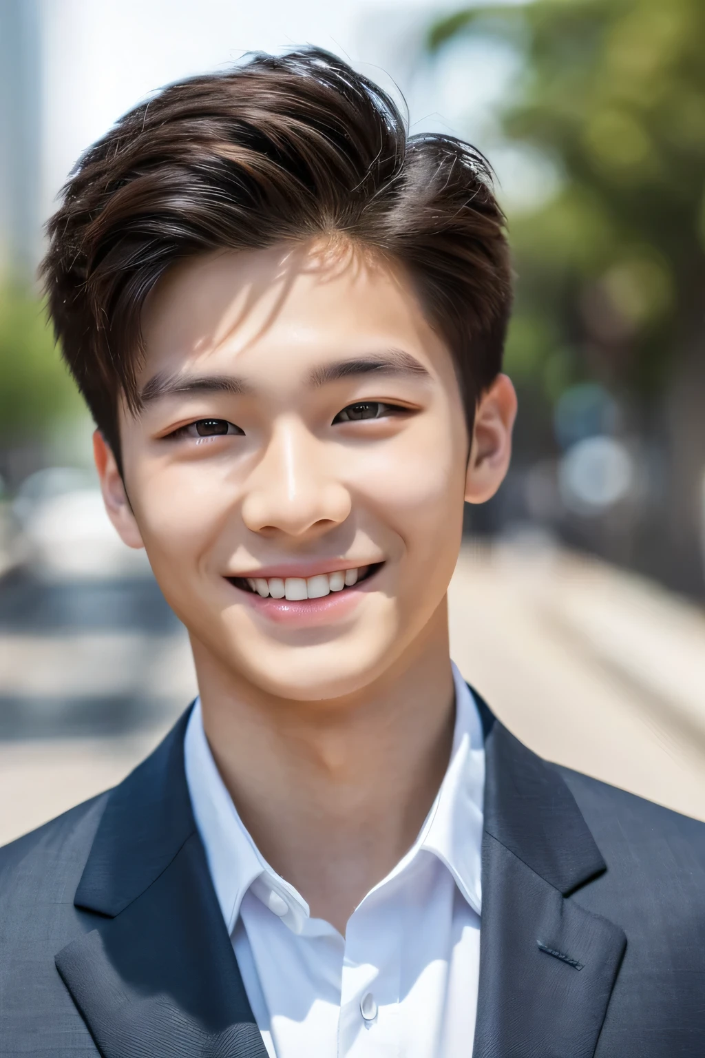 Highest quality, masterpiece, Ultra-high resolution, (Realistic: 1.4), Original photo, wallpaper, Head Photo, skin, Simple Background, Iris, detailed, Selfie, 1 boy, 18-year-old, good looking, Wind,suit、smile