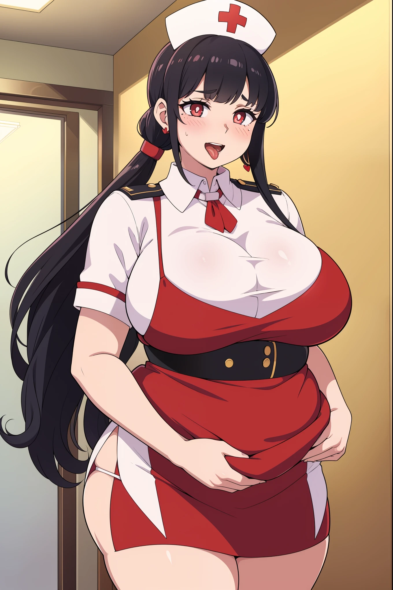 In the ward, A royal sister, White nurse's uniform, red lingerie, Gold earrings, red pupils, looking at viewert, big breasts, Sling black silk, full bodyesbian, Black hair, Long hair, pony tails, Nurse hat, Blush, red Lipstick , Ear blush, Unconscious, Heart-shaped pupils, Moles under the mouth, Best quality, Anatomically correct, Masterpiece,  open mouth, tongue out,  blushing, happy