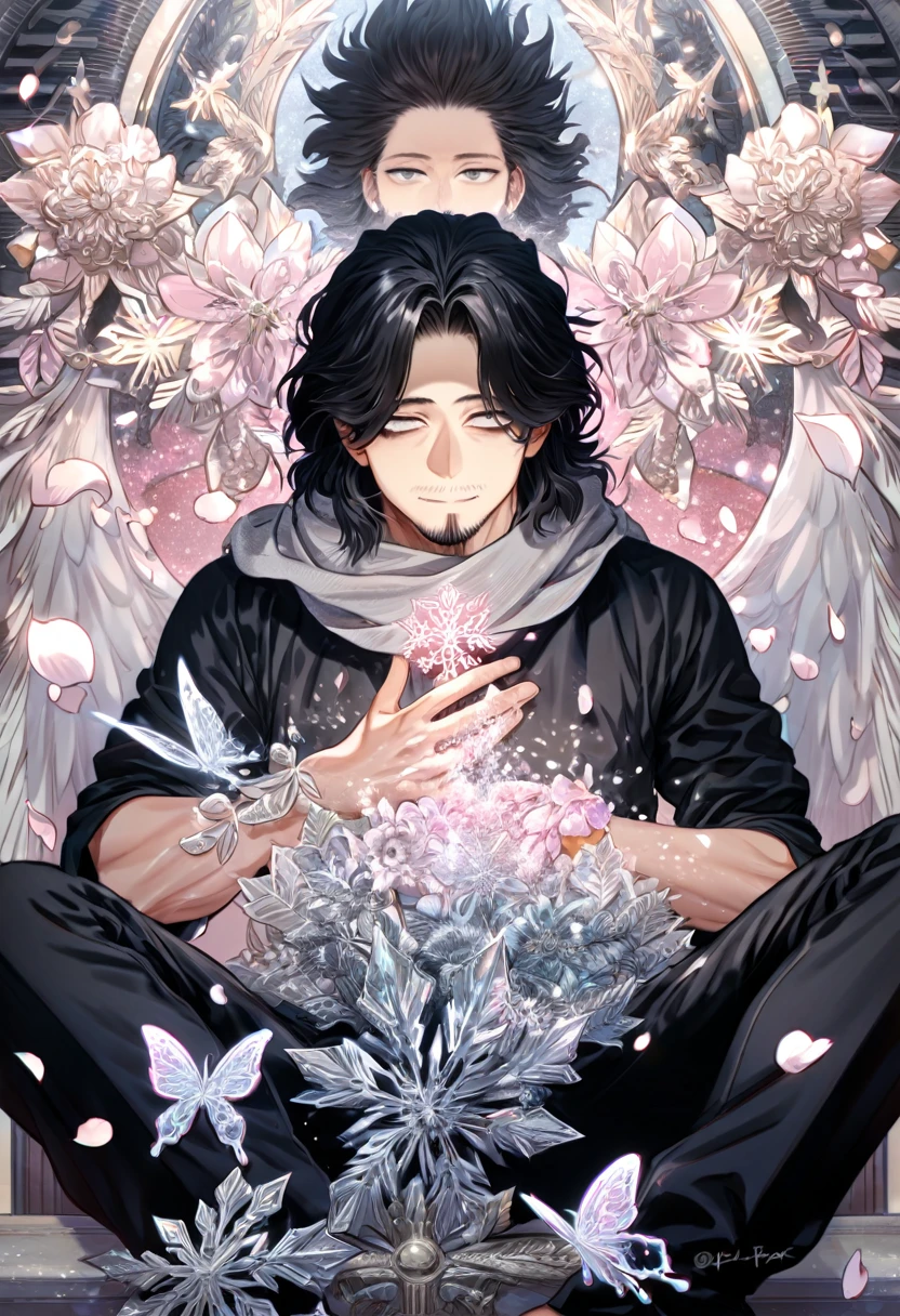 Ultra detailed, HDR, Highres, absurdres, master piece, Eraserhead, black hair, medium length hair, expressive gray eyes, faint beard, gray scarf, black shirt, Boku No Hero Academia, handsome, ice glittering butterflies, ice, petals, ice pink glass flowers, glittering, fantasy, magical, snowflakes, cold, solo, sexy man sitting, black pants, handsome smile