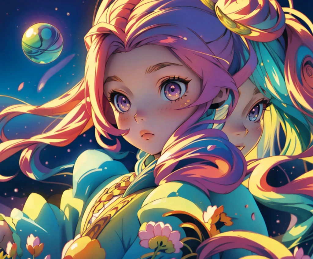 best masterpiece, best quality, 8K resolution, keen focus, Intricate detailing, beautiful 3 girls, shining eyes, Face with golden ratio, supernatural liquid, Aquarell, pastel colors, bright colors, fantastical, colorful, keen focus, High resolution, Feines Detail, ((Ball gown with long puff sleeves and multiple layers)), ((round eyes)), shimmering bubbles, Fantasy background