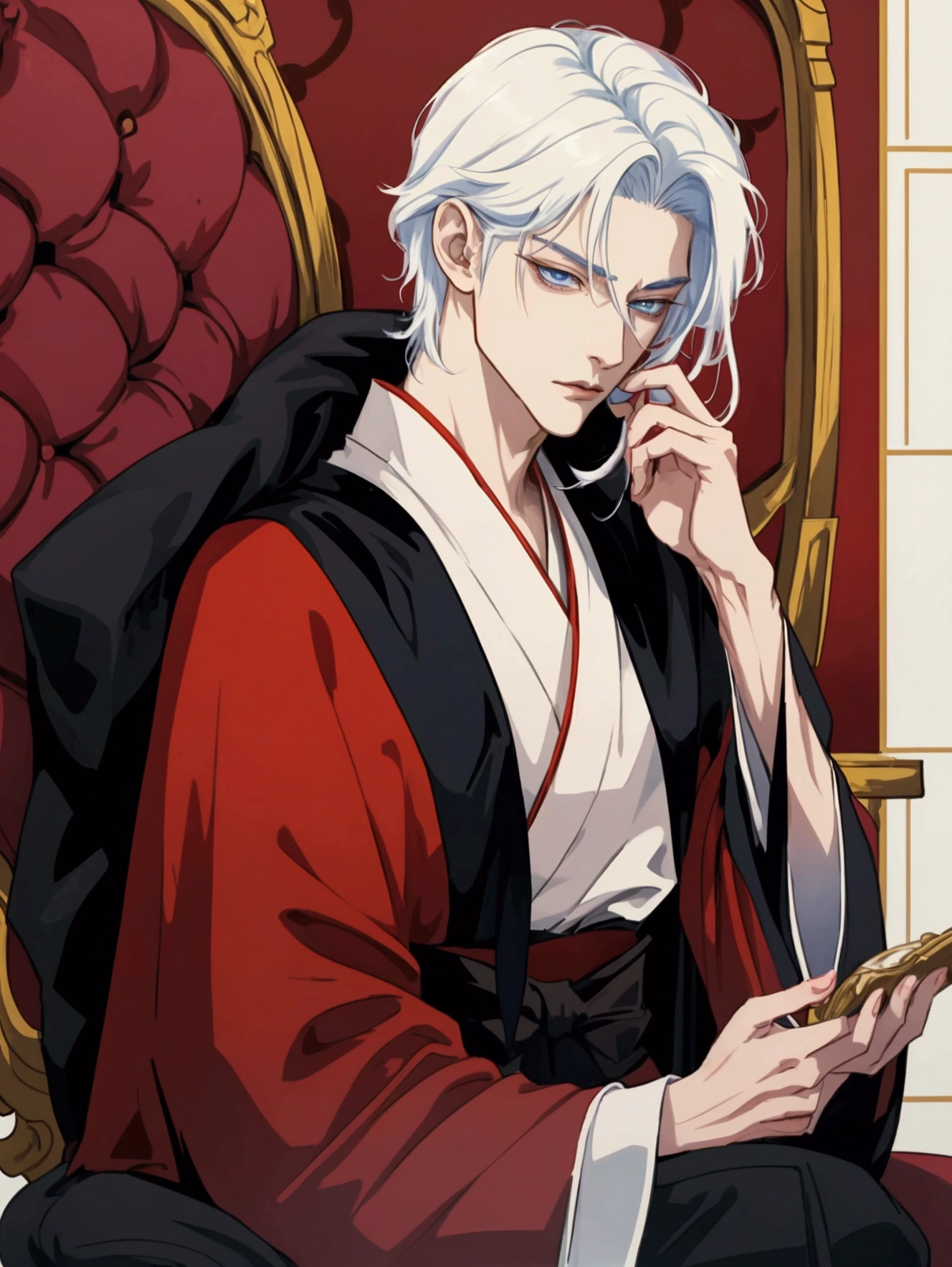 a close-up of a person in a suit and a red cape, delicate androgynous prince, Handsome androgynous prince, handsome guy in demon slayer art, ((wears an aristocratic robe)), handsome japanese demon boy, pretty anime pose, Big anime guy with blue eyes, Inspired by Bian Shoumin, Royal Clothing Akira, androgyner Vampir, male anime character