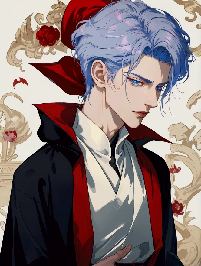 a close-up of a person in a suit and a red cape, delicate androgynous prince, Handsome androgynous prince, handsome guy in demon slayer art, ((wears an aristocratic robe)), handsome japanese demon boy, pretty anime pose, Big anime guy with blue eyes, Inspired by Bian Shoumin, Royal Clothing Akira, androgyner Vampir, male anime character