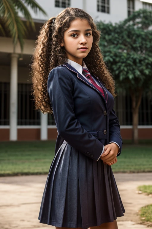 Outdoor image of at school school photo in a school masterpiece, (photorrealistic:1.7), best qualityer, beautiful lighting, Venezuelan Eleanor dark lipstick 13 years old and random color beautiful eyes extremely tall Long bun extreme curly hair Lifts using save