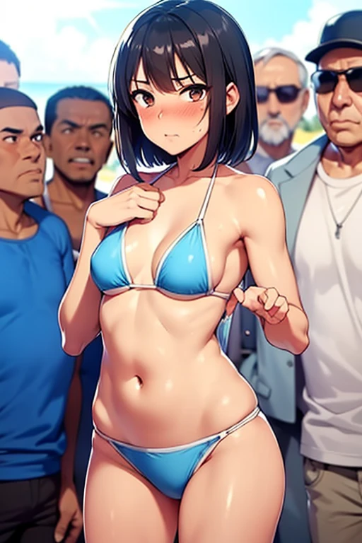 Animation,flat 2d,Fullbody,Detailed face,(game cg,BISHOP),super Detail,Solo,messy short cut black hair,highschool boy,brown skin,(sunburned skin),oiled skin,outdoor,,(sports bikini:1.2), (embarrassed expression:1.2),,Looking at viewer,(flat chest:1.3),(he is waiting viewer:1.3),erect penis inside,at nudist beach,(crowded),(macho men surrounding:1.3)