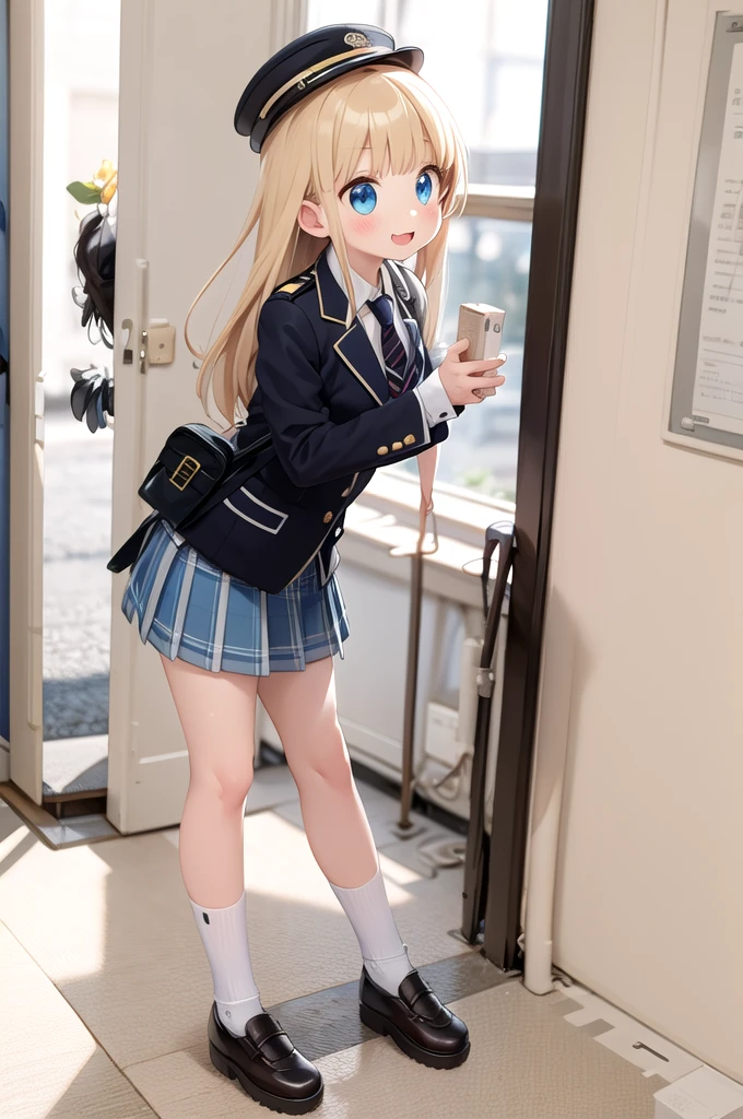 Hier ist ein Characteristics zu einem Bild von Alia, a 16-year-old girl, which stands in front of the window of Taitan High School:

---

**Characteristics: Alia in front of Taitan High School**

**title:** Alia in front of the window of Taitan High School

**Description:** This picture shows Alia, A 16-year-old girl, which stands in front of the window of Taitan High School. Alia hat blaue Augen und lange blonde Hair. She wears the Taitan High School: a white shirt, einen blauen blazer, eine grüne necktie, a blue skirt, white knee socks and black patent leather shoes. Ihren backsack trägt sie lässig auf der linken Schulter.

**Details:**
- **facial expression:** Alia hat einen freundlichen und aufmerksamen facial expression. Her blue eyes radiate curiosity and liveliness, while looking out the window.
- **Hair:** Alias lange blonde Hair fallen weich und gepflegt über ihre Schultern und ihren Rücken. They are smooth and shiny, which underlines her youthful charm.
- **attire:** 
  - **oberteil:** Alia trägt a white shirt, which is neatly ironed and tucked into the skirt.
  - **blazer:** Darüber trägt sie einen blauen blazer mit dem Logo der Taitan Oberschule auf der Brusttasche.
  - **necktie:** Eine grüne necktie ist ordentlich um den Kragen ihres Hemdes gebunden.
  - **Rock:** Ihr blauer Rock reicht bis knapp über die Knie und passt perfekt zu den anderen attiresstücken.
  - **Socks and shoes:** Sie trägt white knee socks and black patent leather shoes, that are shiny and well maintained.
- **backsack:** Alia trägt ihren backsack lässig auf der linken Schulter. Der backsack ist schlicht und praktisch, matching your school outfit.
- **posture:** Alia stands relaxed in front of the window, möglicherweise mit einer Hand auf dem Fensterrahmen oder in der Tasche des blazers. Her posture is relaxed and natural.
- **backdrop:** Der backdrop zeigt das Innere der Taitan Oberschule. Through the window you may see the schoolyard or