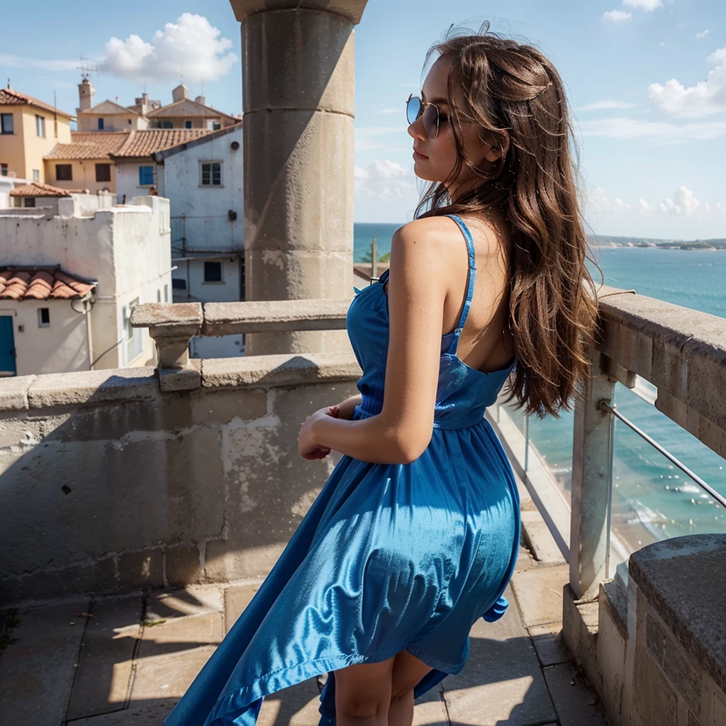 Create a very realistic and beautiful model with the following detailed features: Gender: Female, Age: Young adult (approximately 20-25 years old), Hair: Long, wavy and reddish with a natural shine, gently cascading around the shoulders and back back. . . . . . . . . . . . , Eyes: Bright green with a captivating, slightly almond-shaped look, detailed with natural highlights, Skin: Fair complexion with a light texture, including natural freckles on the nose and cheeks, giving a youthful and vibrant appearance: Fair complexion with a light texture, including natural freckles on the nose and cheeks, giving a youthful and lively appearance, Face: with a smooth and natural contour, soft and full lips with a slight pinkish tint and a slightly delicate upturned nose, Expression : a sweet face, with a touch of mischief, which transmits warmth and accessibility,
Clothing: a blue dress and sunglasses standing on a bridge, wearing a blue dress, a blue dress, a blue dress, a blue dress and glasses, a blue futuristic dress, a blue silky dress, a fashionable blue dress , a Girl in a dress, wearing blue clothes, Girl in a dress, a smooth blue dress, wearing an elegant dress, haute couture chic, All blue, Context: the model is on an elegant flowered terrace, beginning on a roof at open sky, sunny end of day, sea view in the background.
Pose: relaxed and confident posture, beginning on an open-air rooftop, end of sunny day, sea view in the background. aesthetic, Unsplash, Neoclassicism, Complex background, Best quality, hyper detailed, Gratty Sita, 64K, Light design