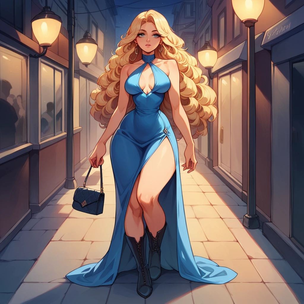 Beautiful woman 25 years old, not very high, long curly light blonde hair, Thin waist, big tits, well-shaped and large hips. in a sexy blue dress, long boots, Street,evening, she holds a purse