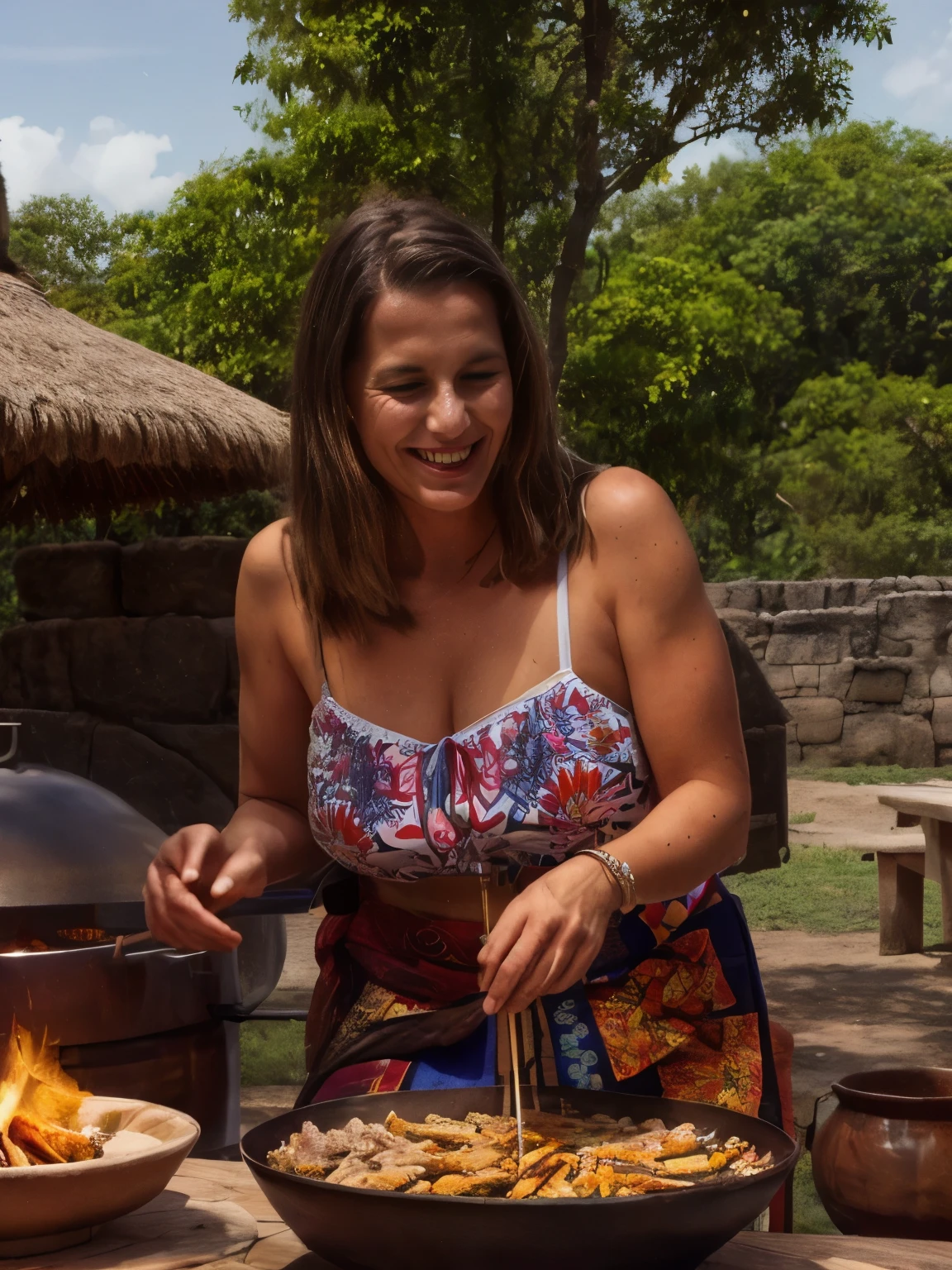 A tropical BBQ dinner with the Maya tribe in a lush, green clearing near the ancient ruins of Tikal in Guatemala, set in the 1500s. The Maya woman, slightly smiling and looking at the camera, wears a traditional huipil (embroidered blouse) and a colorful woven skirt. Her hair is adorned with flowers, and she is surrounded by family members dressed in similar traditional attire, with intricate patterns and bright colors.
The BBQ setup includes a stone fire pit surrounded by woven mats and wooden stools. The menu features traditional Maya dishes such as tamales, grilled fish, and roasted corn. Large clay pots filled with beans and chili peppers are placed on a wooden table, along with bowls of tropical fruits like papaya and mango.
The backdrop features the towering pyramids of Tikal under a canopy of tropical trees, with the evening sky painted in hues of orange and pink. Traditional Maya pottery and woven textiles decorate the area, adding to the cultural richness. Guests engage in lively conversations, sharing stories and laughter, while traditional Maya music with marimbas and flutes creates a festive atmosphere.
Items/objects/tools: fire pit, woven mats, wooden stools, tamales, grilled fish, roasted corn, clay pots, beans, chili peppers, wooden table, papaya, mango, pyramids, tropical trees, huipil, woven skirt, flowers, traditional attire, pottery, woven textiles, marimbas, flutes, storytelling, evening sky.