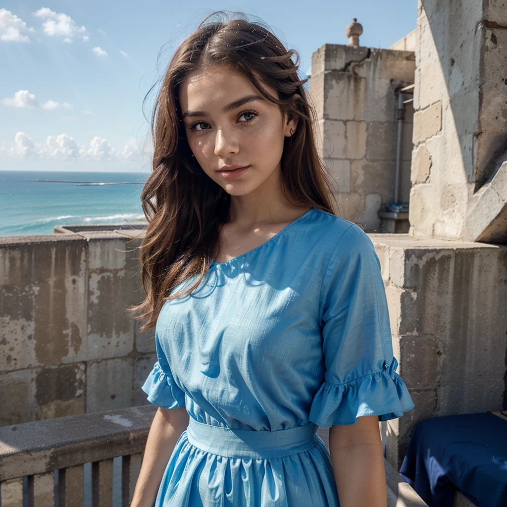 Create a very realistic and beautiful model with the following detailed features: Gender: Female, Age: Young adult (approximately 20-25 years old), Hair: Long, wavy and reddish with a natural shine, gently cascading around the shoulders and back back. . . . . . . . . . . . , Eyes: Bright green with a captivating, slightly almond-shaped look, detailed with natural highlights, Skin: Fair complexion with a light texture, including natural freckles on the nose and cheeks, giving a youthful and vibrant appearance: Fair complexion with a light texture, including natural freckles on the nose and cheeks, giving a youthful and lively appearance, Face: with a smooth and natural contour, soft and full lips with a slight pinkish tint and a slightly delicate upturned nose, Expression : a sweet face, with a touch of mischief, which transmits warmth and accessibility,
Clothing: a blue dress and sunglasses standing on a bridge, wearing a blue dress, a blue dress, a blue dress, a blue dress and glasses, a blue futuristic dress, a blue silky dress, a fashionable blue dress , a Girl in a dress, wearing blue clothes, Girl in a dress, a smooth blue dress, wearing an elegant dress, haute couture chic, All blue, Context: the model is on an elegant flowered terrace, beginning on a roof at open sky, sunny end of day, sea view in the background.
Pose: relaxed and confident posture, beginning on an open-air rooftop, end of sunny day, sea view in the background. aesthetic, Unsplash, Neoclassicism, Complex background, Best quality, hyper detailed, Gratty Sita, 64K, Light design