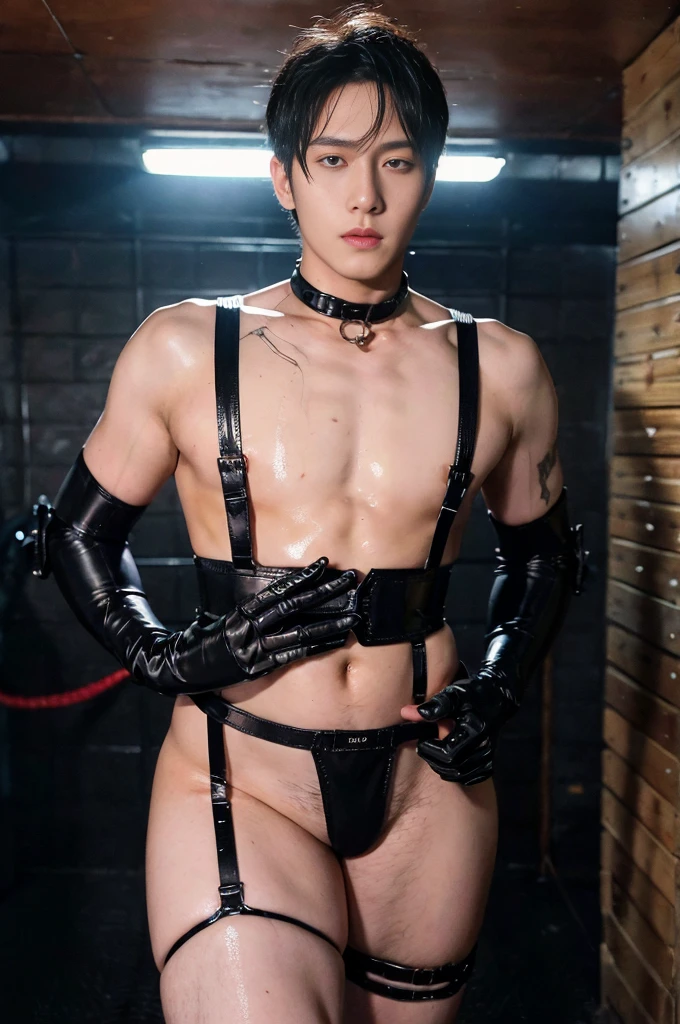 (masutepiece,High resolution,ultra - detailed:1.0),1(man,Robot man),Perfect male body,Look at the camera,Delicate eyes and delicate face,extremely details CG,Unity 8k wallpaper,intricate-detail,solo person,Detailed face, (chest harness, garter straps, Harness strap, neck strap , micro string thongs), Best Quality, hands visible, Gloves, short hair:1.5 , full length shot(fls) , big thighs , insane details, hyper details ,16k resolution , ultra-high clarity , hyperrealism, uhd,(K-pop idol shooting porn magazine cover photo), thick thighs, male , ((unrealistic wide hips , unrealistic wide pelvis )), ((only man , only male)) , ((ultra realism , ultra photorealism)) , (sexy , eroticism , nsfw) , mature man , pectoral , ((superstar)) , kinky , snake eyes , ((glossy wet body))