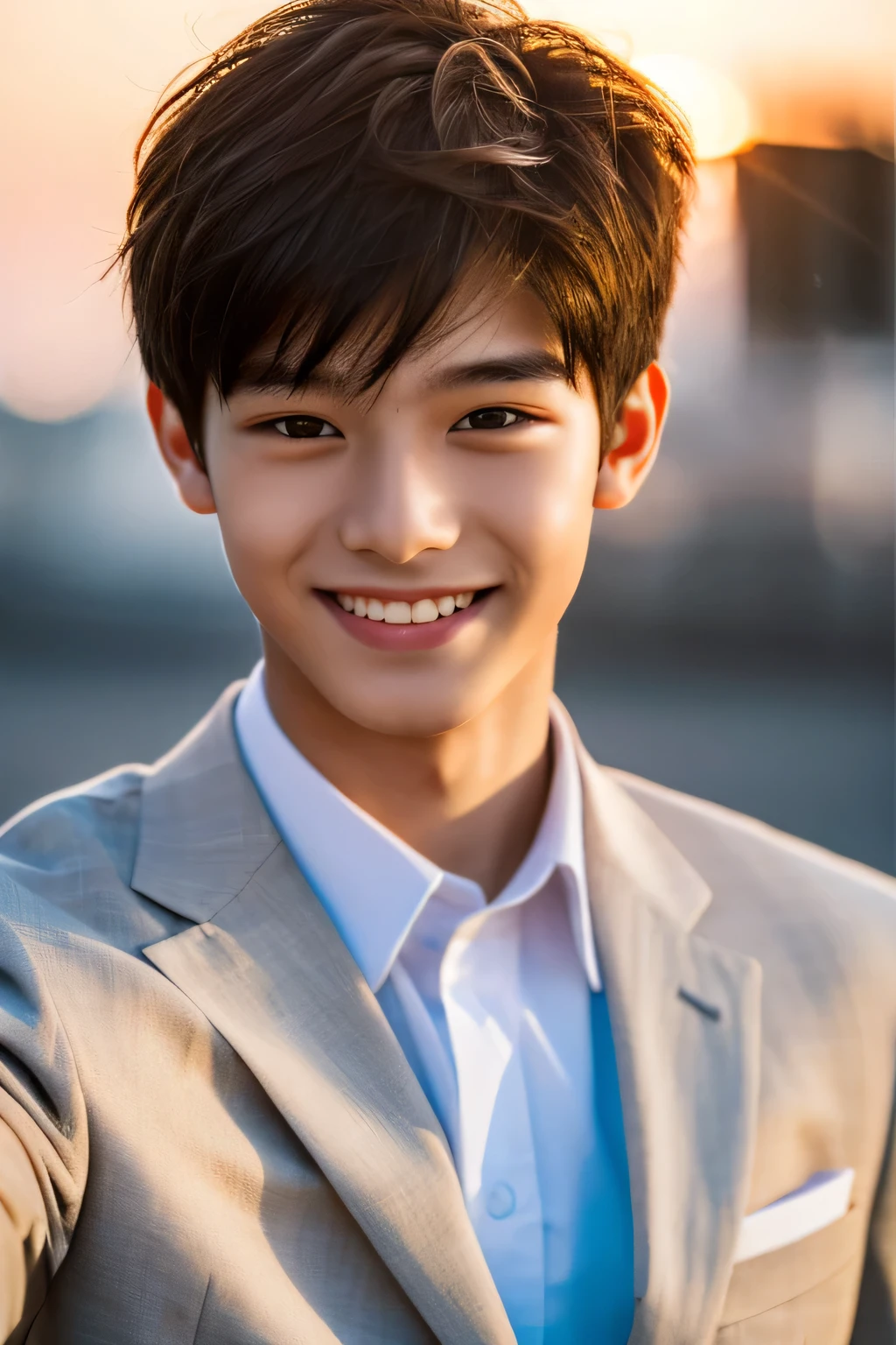 Highest quality, masterpiece, Ultra-high resolution, (Realistic: 1.4), Original photo, wallpaper, Head Photo, skin, Simple Background, Iris, detailed, Selfie, 1 boy, 18-year-old, good looking, Wind,Sunset、suit、smile