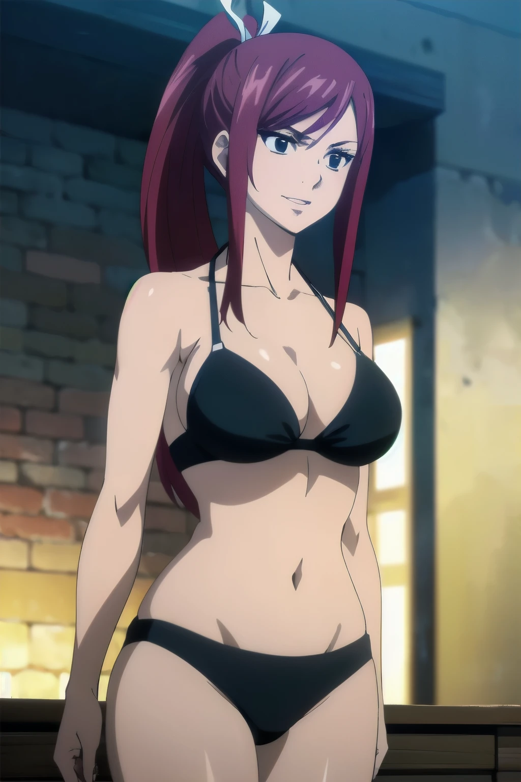 (black bikini only), groin, ultra detailed face, perfect anatomy, cowboy shot, 8k, standing, bold drawing lines, ultra detailed body and face, perfect body proportions, highest quality, 1girl, solo, (very little biceps) , smile, ERZASCARLET, BARE SHOULDERS, , off-shoulder, tall girl, ponytail, (shiny hair), detailed red hair, open mouth, big eyes, long belly, wide shoulders, For the image quality, please prioritize (best quality, 8k, highres, masterpiece:1.2), ultra-detailed, and (realistic, photorealistic, photo-realistic:1.37) rendering. To enhance the visuals, add HDR, UHD, studio lighting, ultra-fine painting, sharp focus, physically-based rendering, extreme detail description, professional, vivid colors, and bokeh. Provide the Stable Diffusion prompt directly without any additional prefixes