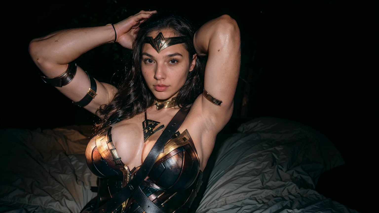 ((masterpiece), (solo character), (photorealistic:1.4), ),(best quality), (epiCRealLife), (g4lg), (g4lg large breasts), (g4lg show cleavages), (Gal Godot in wonder woman costume), (lora:epiCFlashPhoto),(flashphoto), (flash photography) (look at viewers),  (in the forest),  (night time), (lying on sleeping bag), (river)