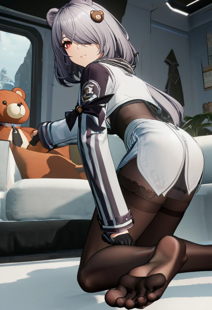 jelopkdef, grey hair, hair over one eye, bear hair ornament, red eyes, grey scarf, black necktie, bodystocking, cropped jacket, white jacket, short dress, white dress, black gloves, thighhighs, 3d style, sitting on couch, bent over, on knees, feet, looking back, bubble butt, window, visible feet, feet focus