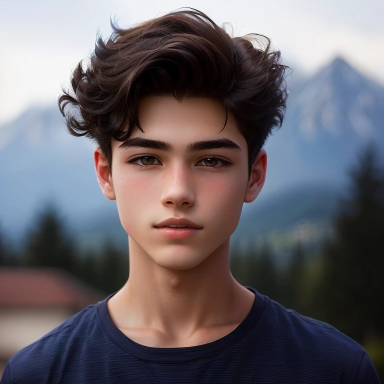 There is a young boy wearing a blue shirt and a mountain in the background, Perfect face and boy, High quality image, Gorgeous young model, Portrait of a 1 5 year old boy, a nice guy, Portrait of a 15 year old boy, A very realistic teenager, perfect handsome face, Portrait of a 14-year-old boy, Good looking face, Boy&#39;s hair