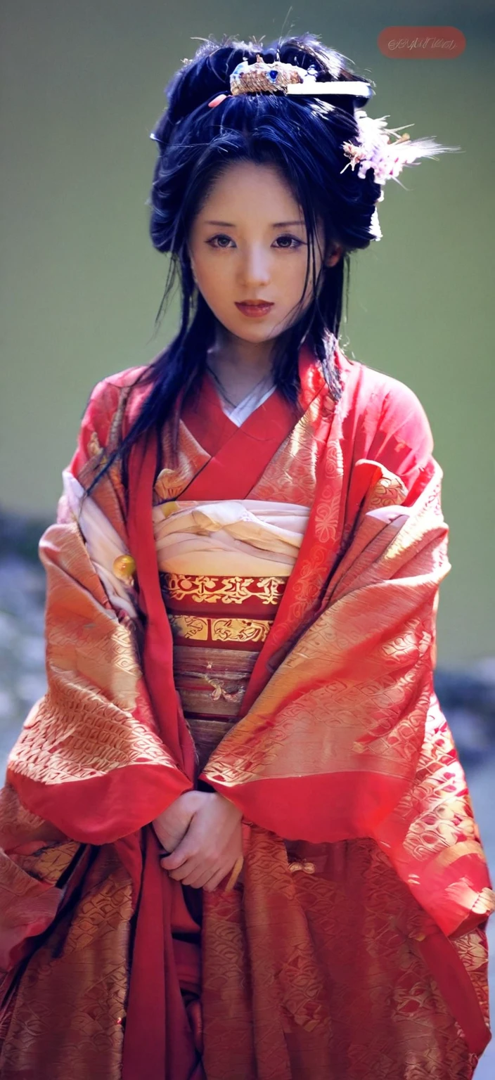 a close up of a woman in a red and gold kimono, traditional geisha clothing, female geisha girl, japanese kimono, japanese geisha, Traditional Japanese, geisha photo portrait, geisha, in kimono, red kimono, Safety, Japanese women, yukata, Japanese painting, beauty geisha, wearing royal kimono, wearing a haori, kimono