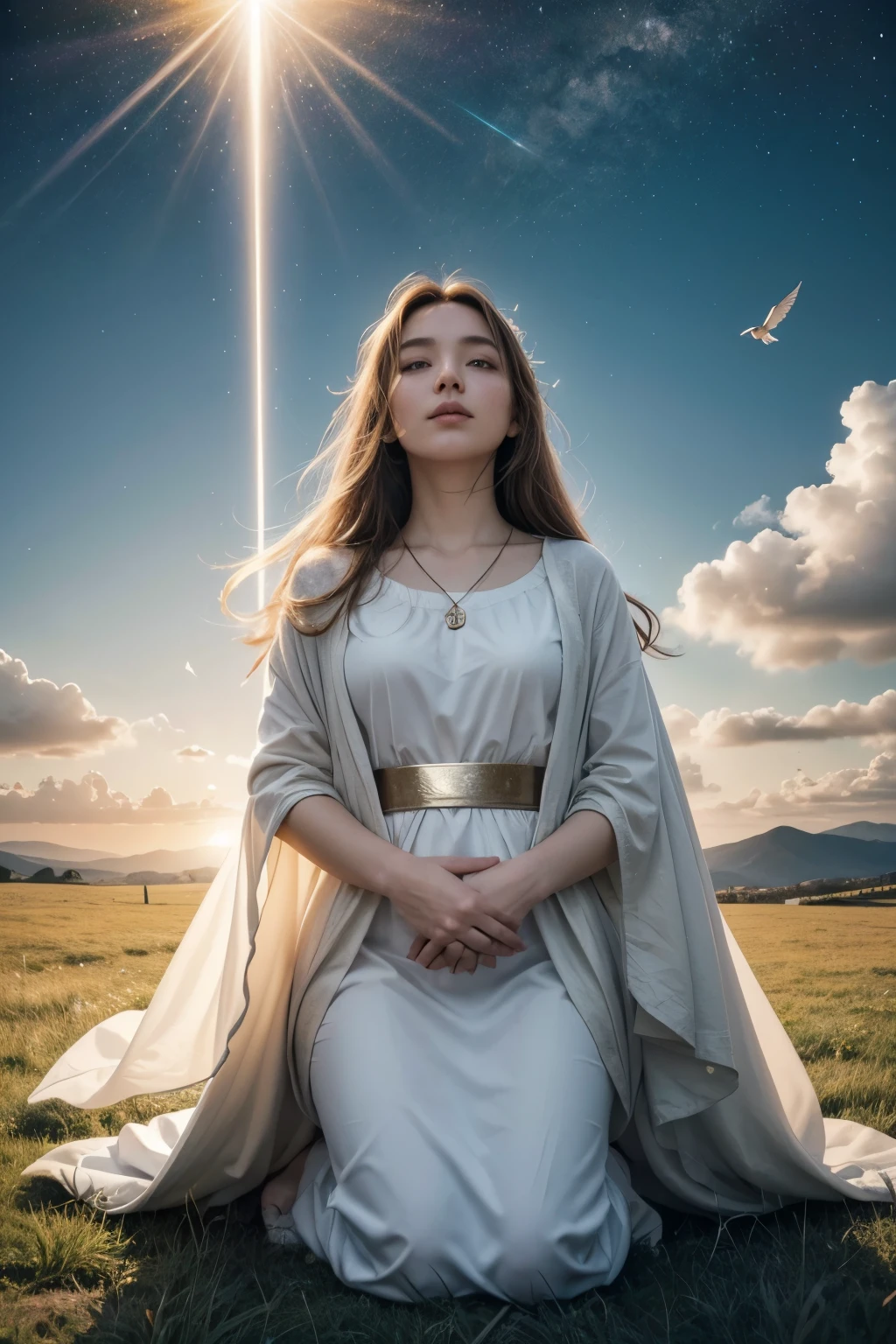 Please create an image or painting depicting a woman kneeling, looking up to the sky, and being illuminated by celestial light, representing the concept of justification. The scene should include the following elements:
Central Figure: The woman should be kneeling with an expression of peace, hope, and gratitude. She should be looking up towards the sky, her face illuminated by a soft, radiant light.
Celestial Light: A beam of divine light descending from the heavens, enveloping the woman, symbolizing God's grace and the act of justification. The light should be warm and glowing, creating a sense of divine presence and approval.
Attire: The woman should be dressed in simple, yet graceful clothing, symbolizing humility and purity.
Background: The setting should be serene and uplifting, such as a natural environment with soft, rolling hills, a peaceful meadow, or an open sky filled with soft clouds and light rays. This setting should enhance the feeling of a divine encounter and spiritual transformation.
Symbols: Consider including subtle symbols of faith, such as a small cross worn as a necklace, an open Bible beside her, or a dove in the background representing the Holy Spirit.
The image should convey a sense of divine grace, peace, and the transformative power of faith, capturing the essence of being justified by faith through the woman’s posture and the heavenly