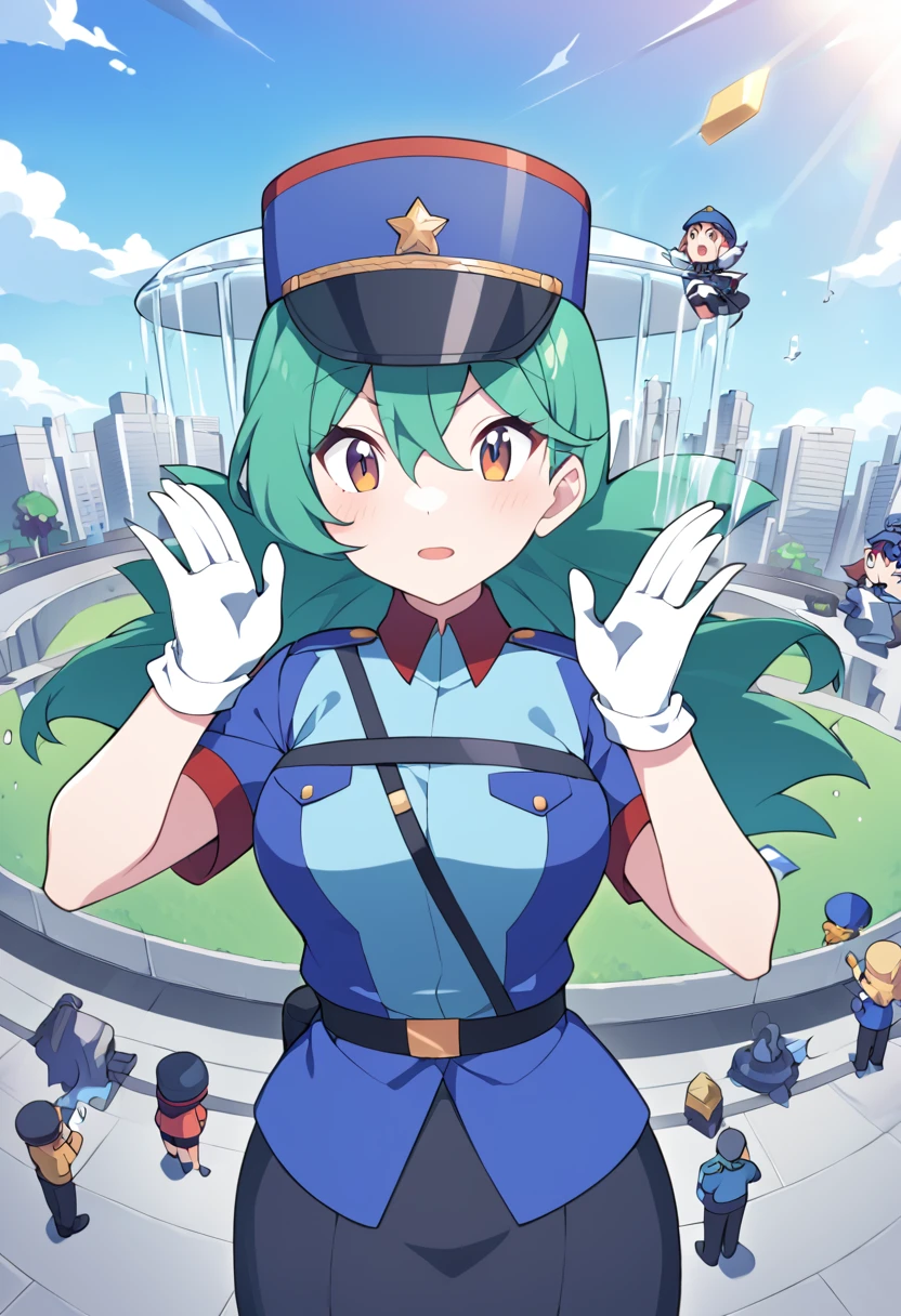 punctuation_9, punctuation_8_High above, punctuation_7_High above, punctuation_6_High above, fountain_アニメ, BREAKING 1girl pkmnJenny, hair green, blue hat, uniforme policial, shirt blue, manga curta, waist belt, pencil skirt, whitegloves, looking ahead at viewer, glad, citys, salutation, blue sky, High aboveper body