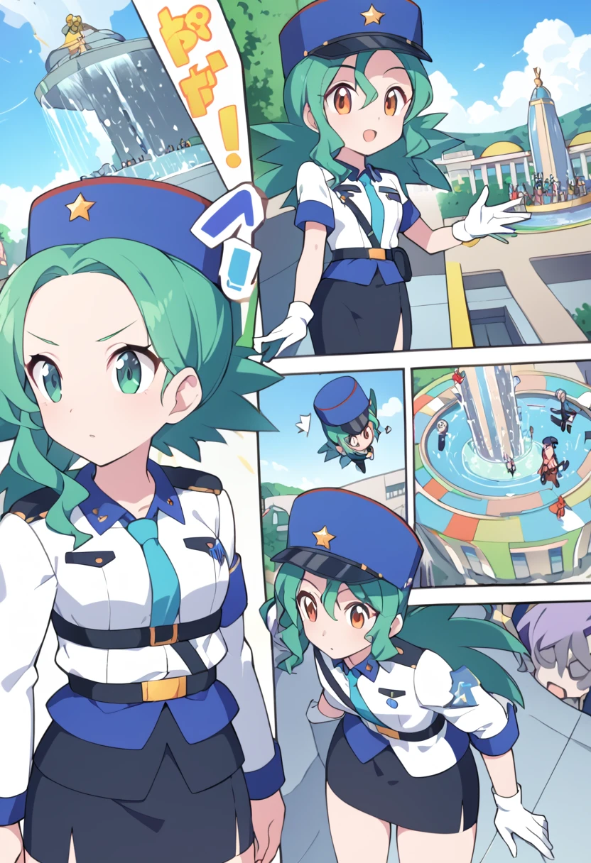 punctuation_9, punctuation_8_High above, punctuation_7_High above, punctuation_6_High above, fountain_アニメ, BREAKING 1girl pkmnJenny, hair green, blue hat, uniforme policial, shirt blue, manga curta, waist belt, pencil skirt, whitegloves, looking ahead at viewer, glad, citys, salutation, blue sky, High aboveper body