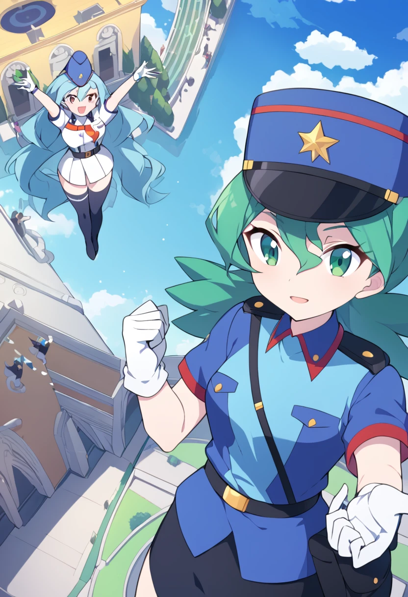 punctuation_9, punctuation_8_High above, punctuation_7_High above, punctuation_6_High above, fountain_アニメ, BREAKING 1girl pkmnJenny, hair green, blue hat, uniforme policial, shirt blue, manga curta, waist belt, pencil skirt, whitegloves, looking ahead at viewer, glad, citys, salutation, blue sky, High aboveper body